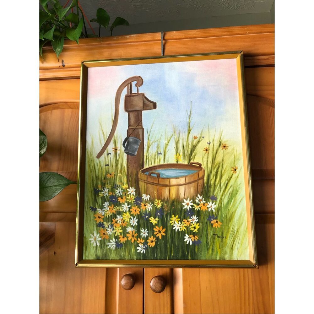 Vintage Theiss Folk Art Painting Water Pump Flowers 16x20 Framed